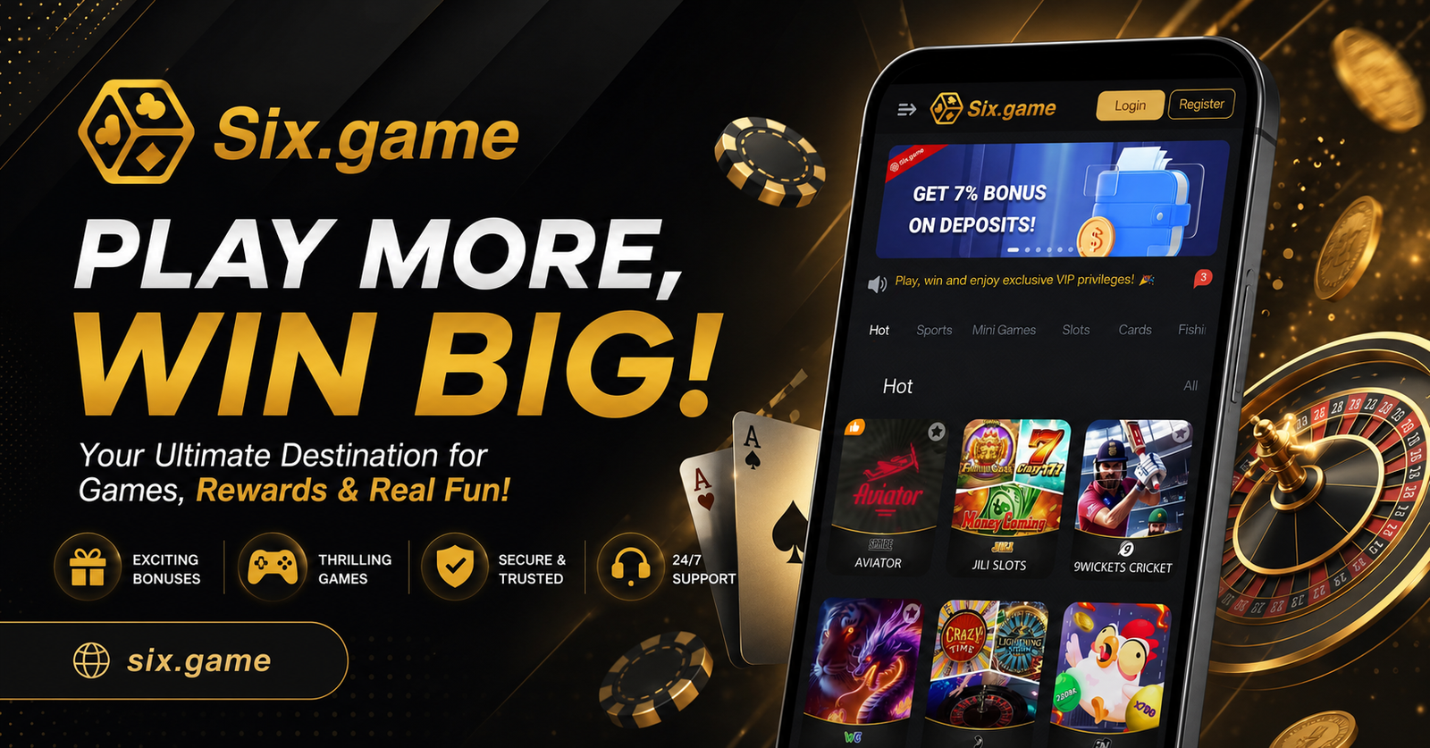 Six Game promotional banner — play more, win big. The Six app shown on a phone beside casino chips, cards and a roulette wheel.